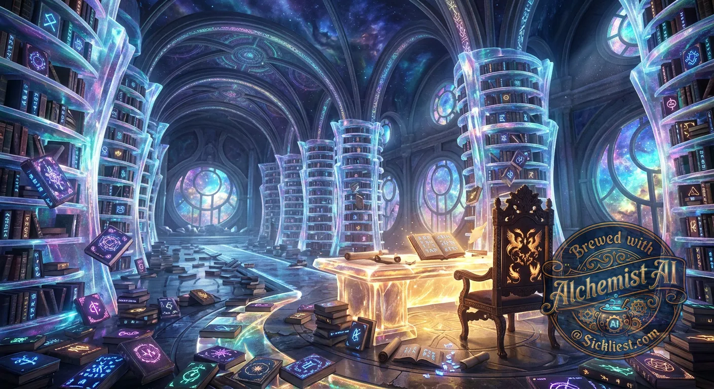Create a surreal, dreamlike scene of a futuristic, abandoned library. Towering shelves made of a gleaming, iridescent material stretch towards a vaulted ceiling, with books of every shape and size scattered across the floor. The covers are adorned with glowing, ethereal runes that pulse softly in the dim light.

In the center of the room, a massive, crystalline reading desk glows with a warm, golden light. The chair is an elegant, antique piece with intricate carvings of mythical creatures.

The walls are lined with large, circular windows that filter in a kaleidoscope of colors from an unseen outside world. The atmosphere is one of mystical, nostalgic wonder, as if the library has been preserved in a state of suspended animation, waiting for the return of its long-lost patrons.

The overall mood is melancholic, yet mesmerizing, inviting the viewer to step into this fantastical world and uncover its secrets.