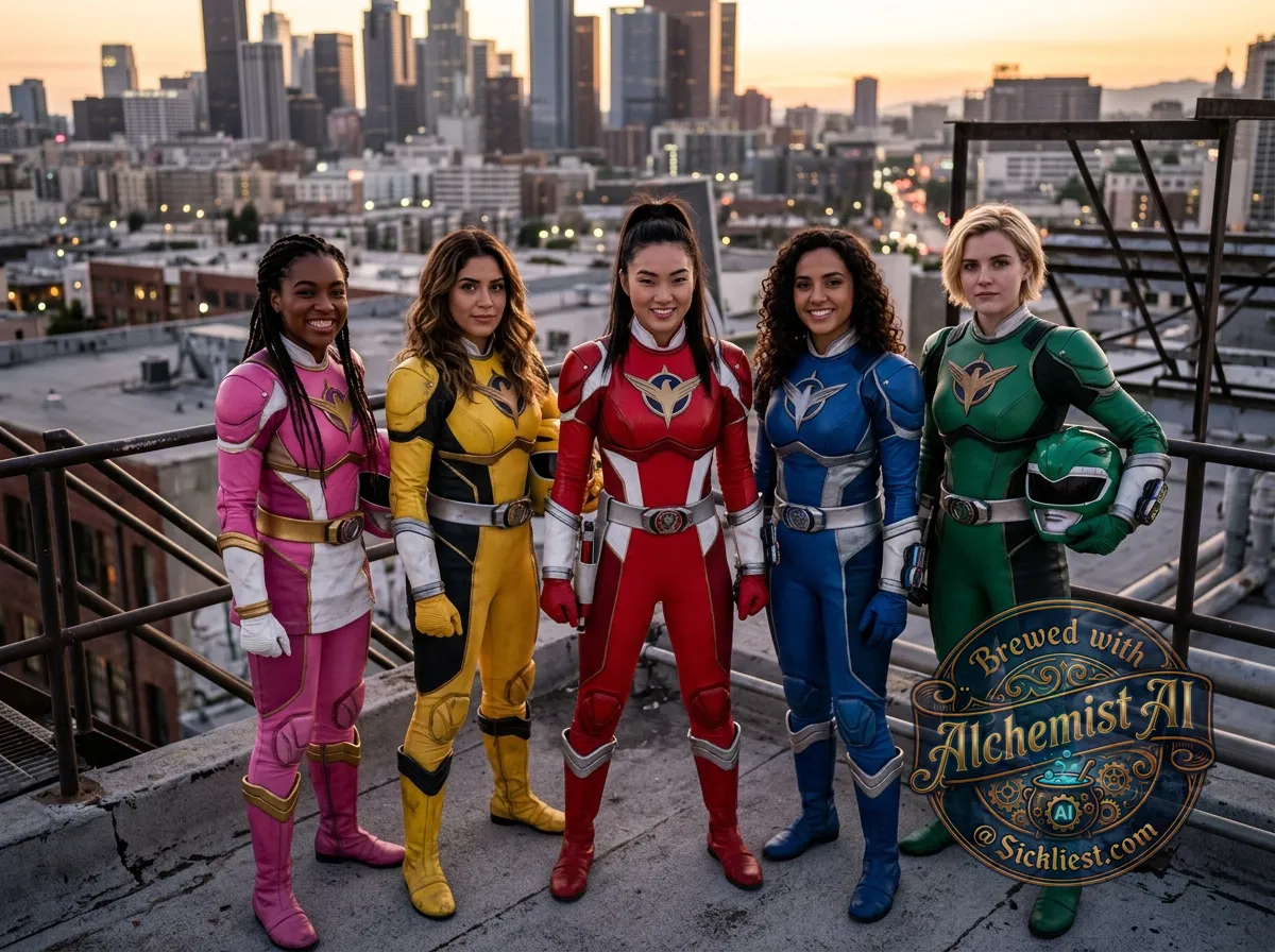 An all girl group of power rangers no helmets.