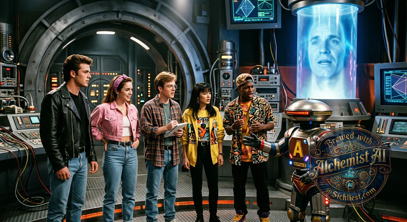 Alpha 5 recruiting a group of teenagers with attitude at the direction of Zordon.  photorealistic highly styled 90s retro-futuristic