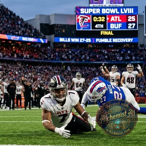 Bijan Robinson fumbling the football in the superbowl causing them to lose against the bills with a score of 27-25