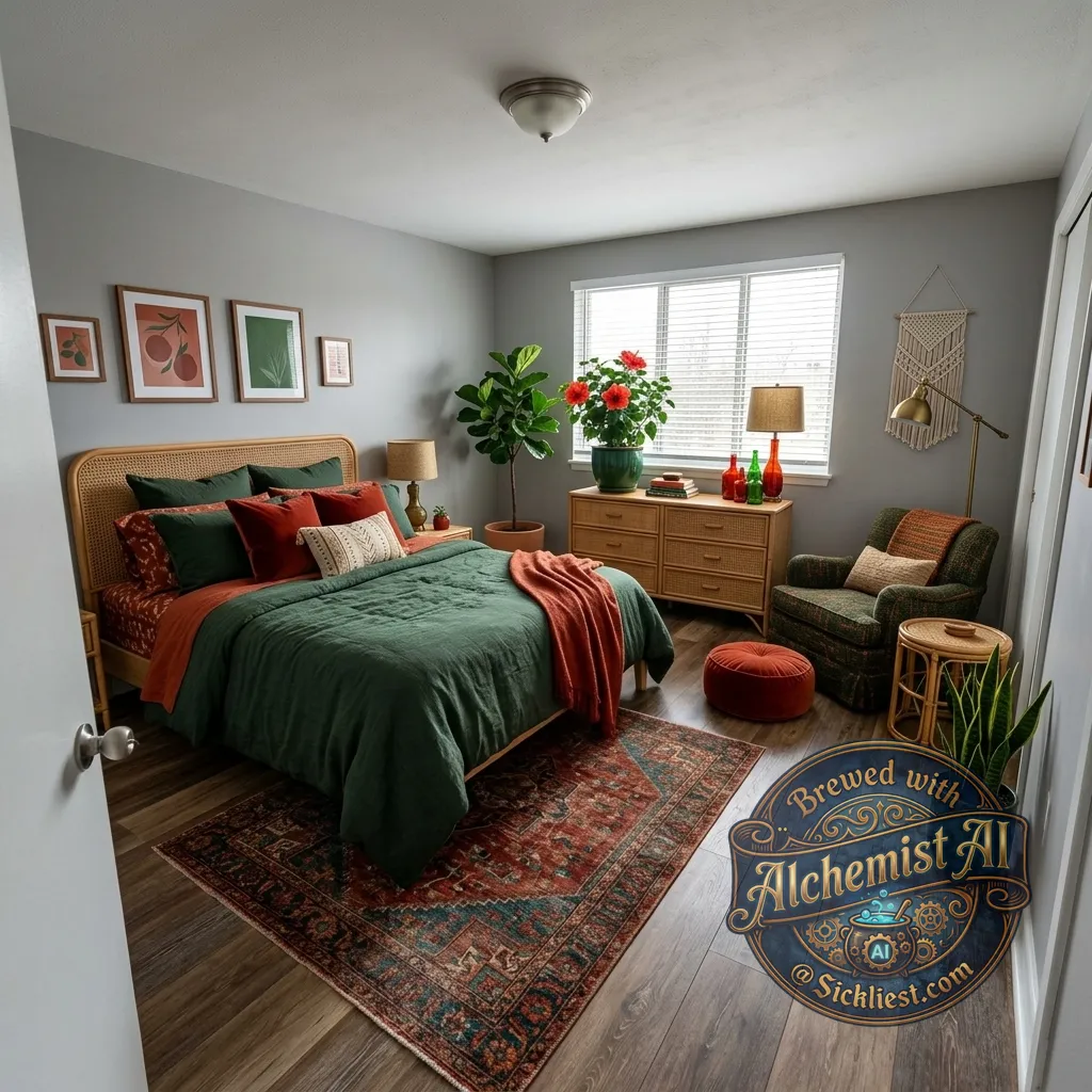 Can you turn this into a bedroom, going for a boho theme and blood orange and dark green. This is a rental so no painting