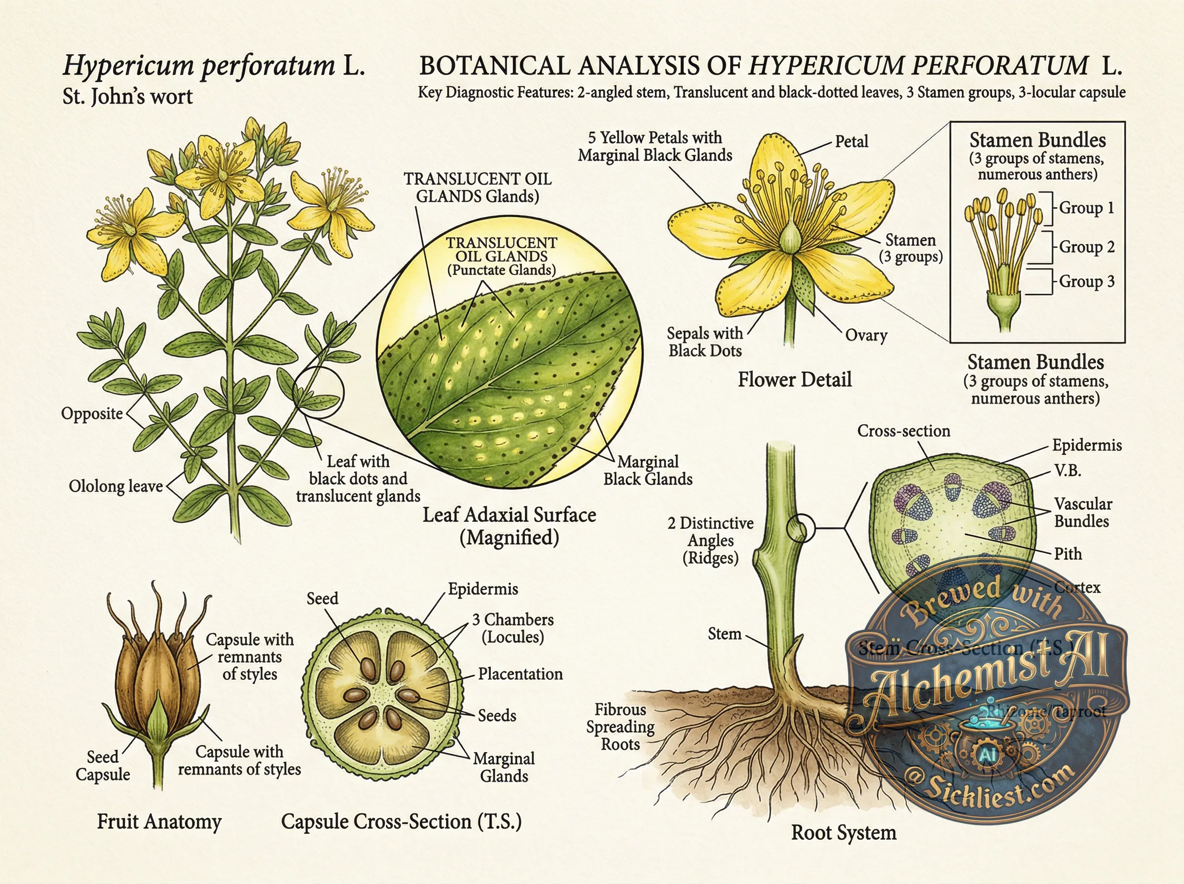 Scientific botanical diagram of Hypericum perforatum showing: cross-section of stem showing distinctive 2-angled shape, leaf cross-section showing translucent oil glands (key identification), flower anatomy showing 5 petals with black dot margins, stamen bundles detail (3 groups), seed capsule cross-section showing 3 chambers, root system showing fibrous spreading roots, labeled callouts, TRANSLUCENT DOTS highlighted as key feature, technical botanical style