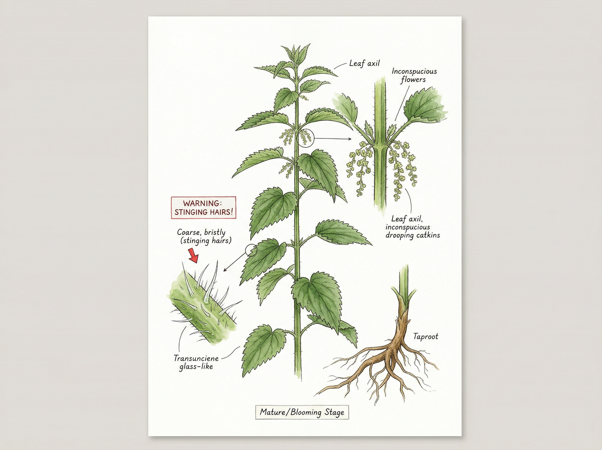 Mature Stinging Nettle plant 3-7 feet tall showing opposite heart-shaped leaves with serrated edges and prominent stinging hairs (visible in detail), square stems (characteristic of mint family), long taproot, clusters of tiny greenish flowers in leaf axils (or hanging catkins for male plants), botanical illustration style with WARNING about stinging hairs highlighted in red, watercolor on white background, label: "Mature/Blooming Stage"