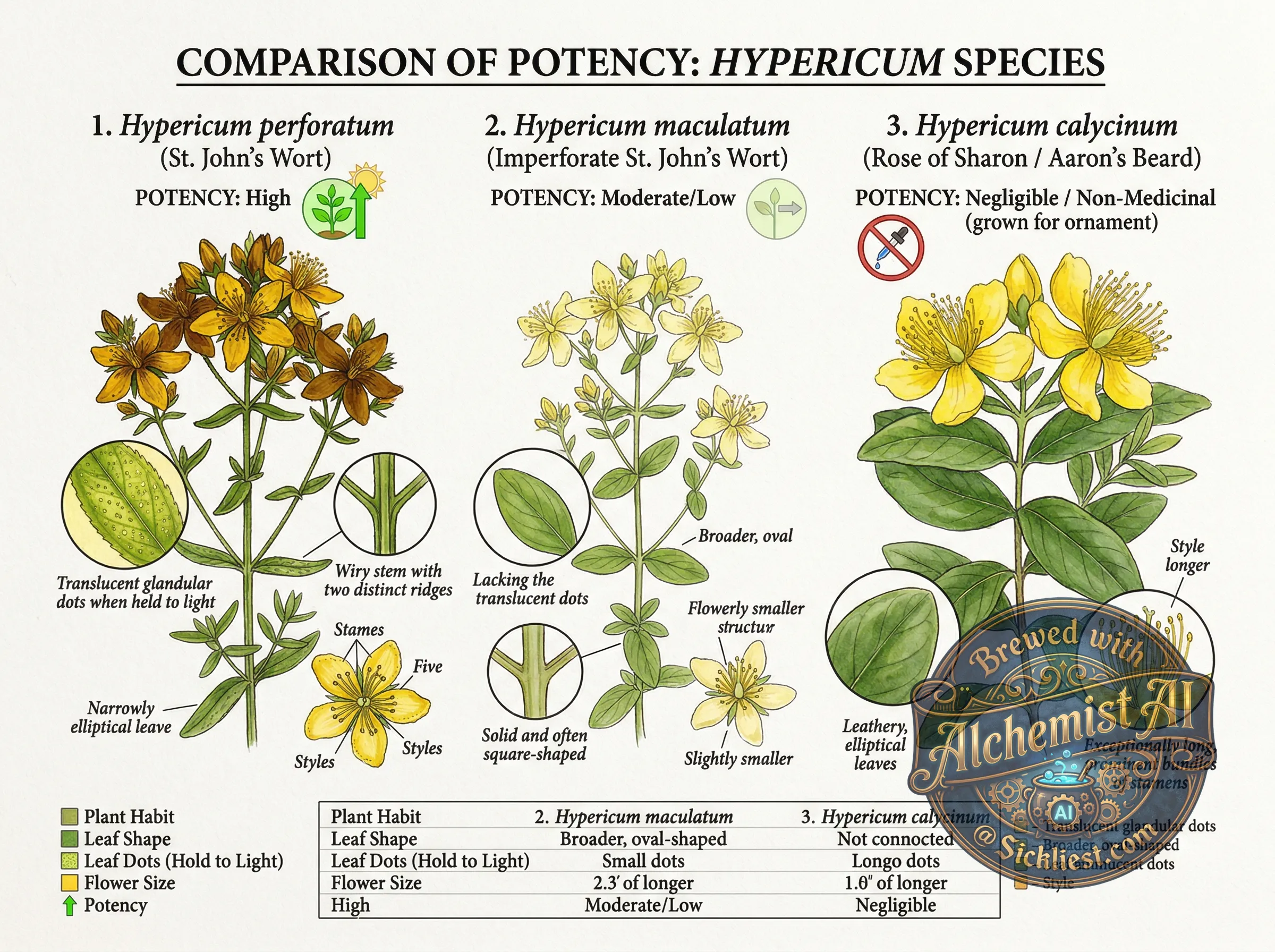 Comparison illustration showing different Hypericum species that look similar but have different potency, showing key differences in leaf shape and flower structure, botanical illustration with labels, watercolor on white background