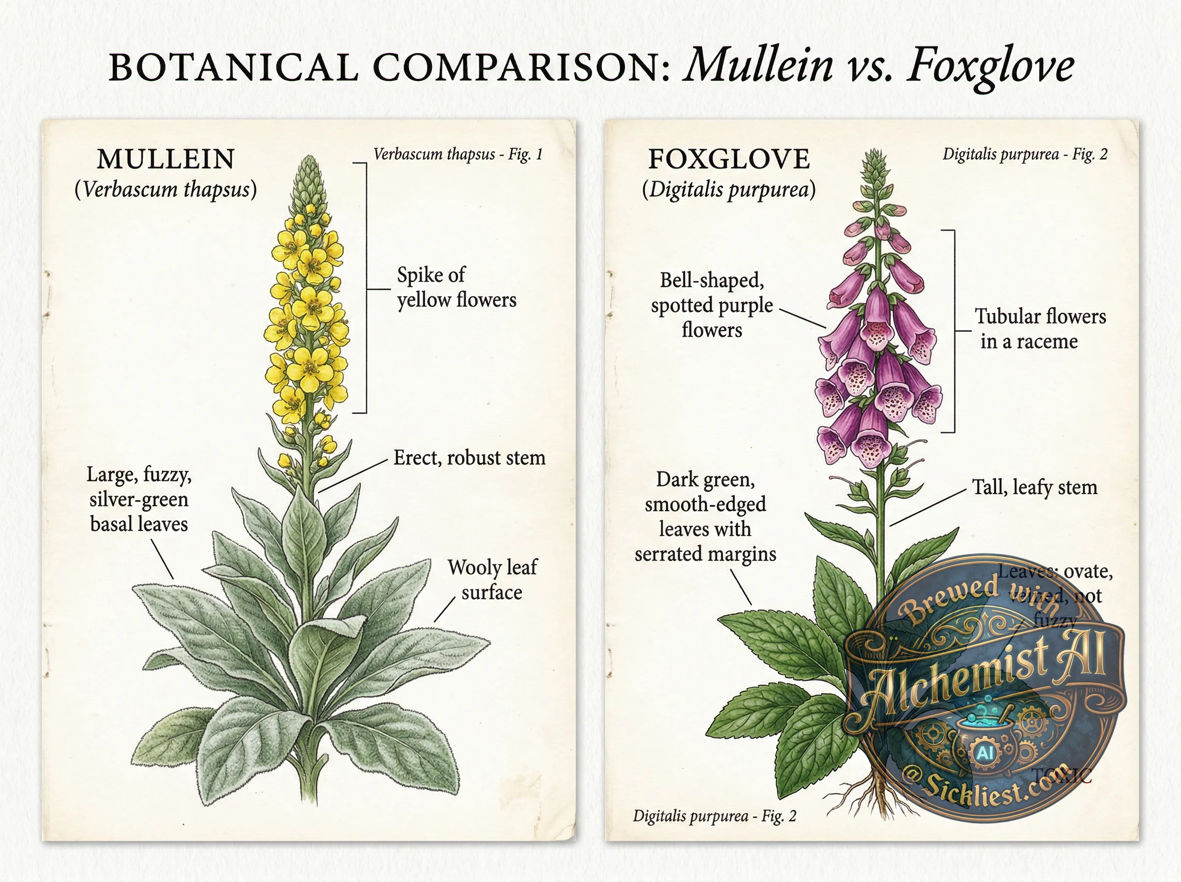 Botanical illustration showing Mullein (Verbascum thapsus) on the left and its toxic look-alike Foxglove (Digitalis purpurea) on the right for comparison. The left side shows characteristic mullein features: tall spike with yellow flowers, large fuzzy silver-green basal leaves. The right side shows foxglove: taller spike with tubular purple/pink flowers with spotted interiors, darker green smooth-edged leaves. Clear labels mark key distinguishing features. Medicinal plant reference book style, detailed botanical illustration, white background.
