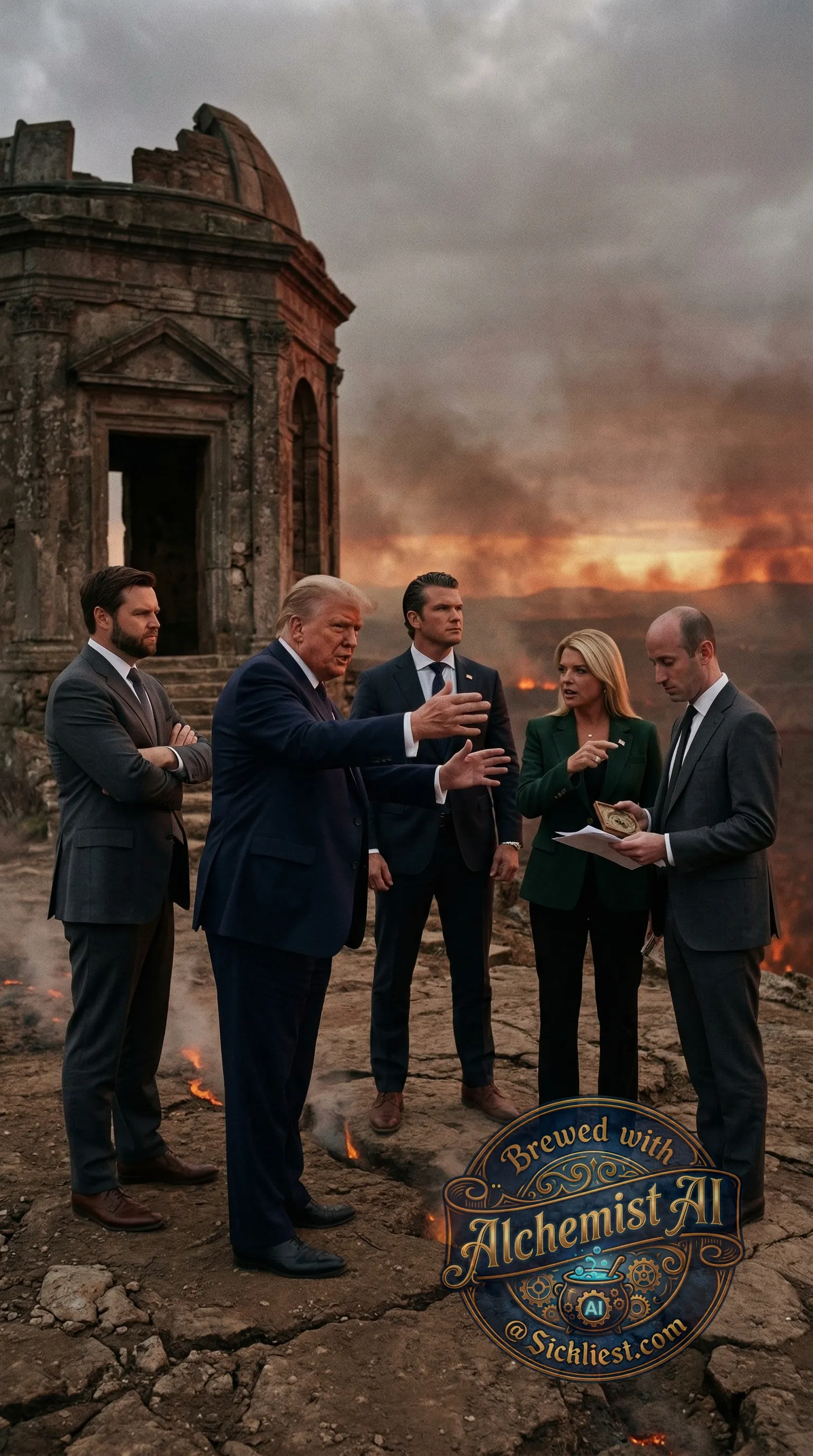 An image of Trump, Vance, Hegseth, Bondi, and Stephen Miller bringing about the apocalypse. Subtle fire and brimstone theme.