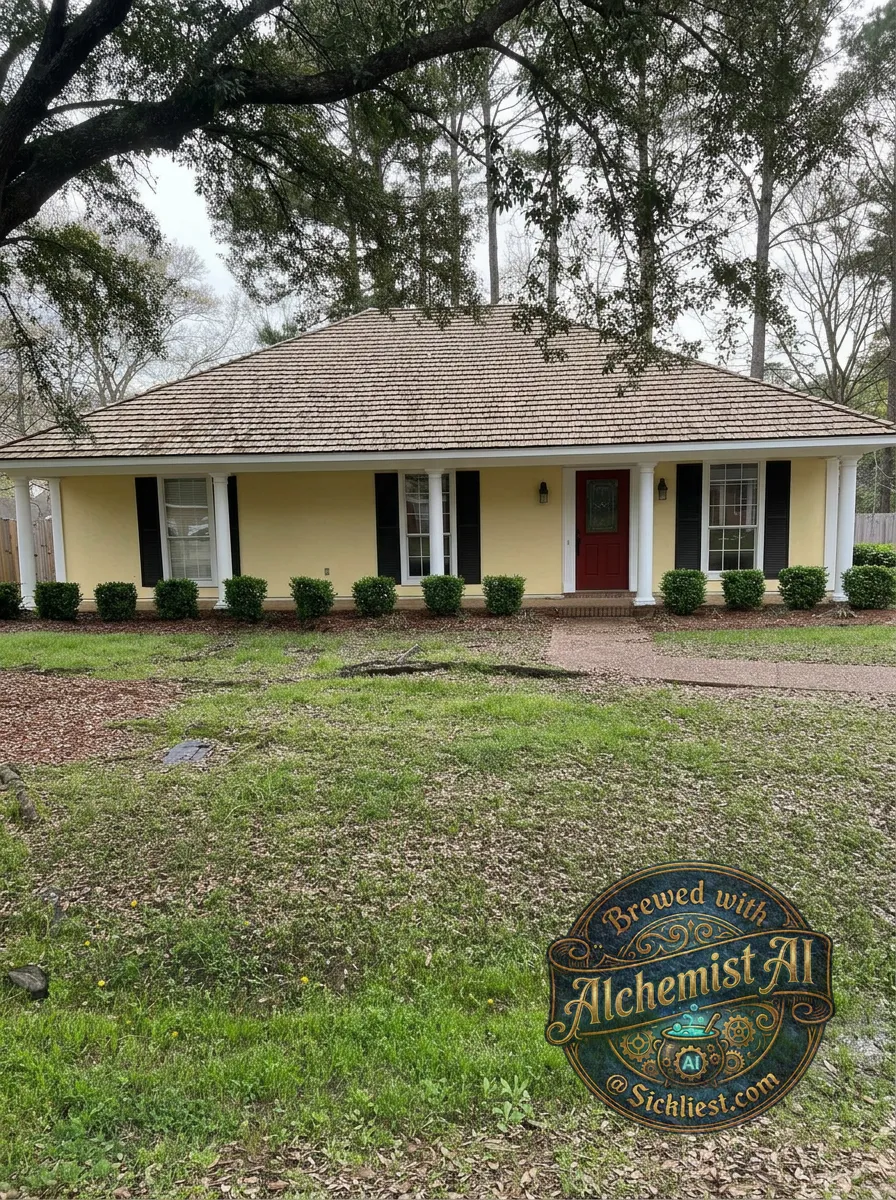 Replace the roof with a weathered wood color; a taupe/tan/brown. Give the house a nice light yellow exterior paint color(s).