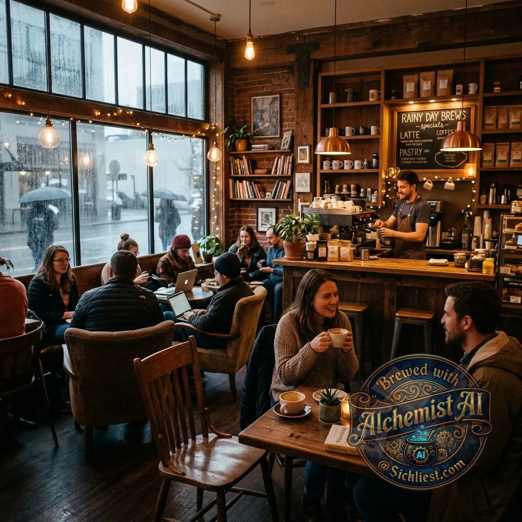 Cozy coffee shop interior on a rainy day, warm lighting