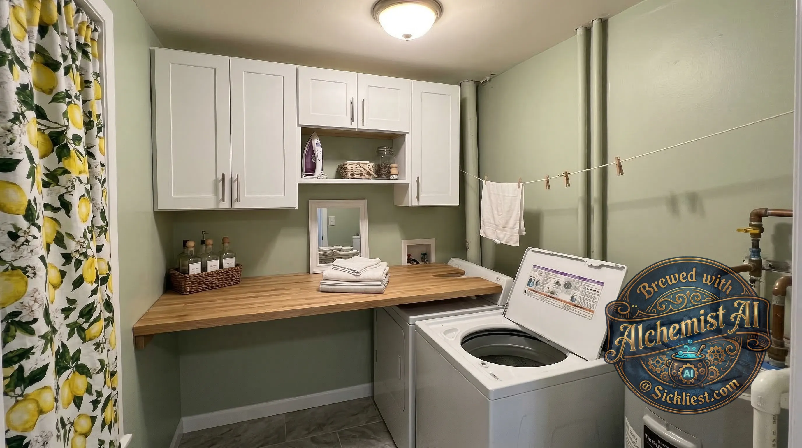 Make this laundry room nicer - needs cabinets. Don't change position of appliances or plumbing.