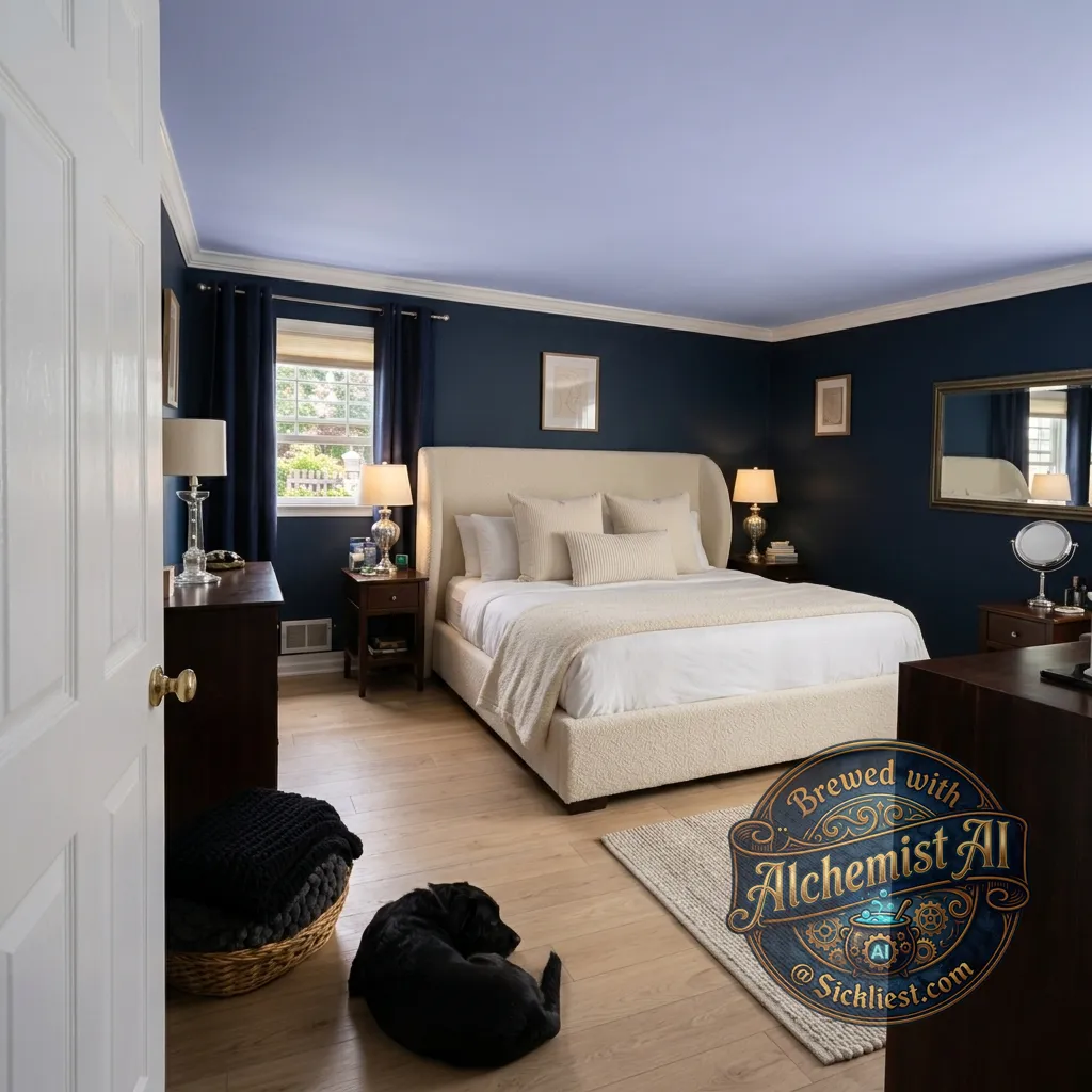 Design bedroom with the light oak floor, dark blue walls and new bed.