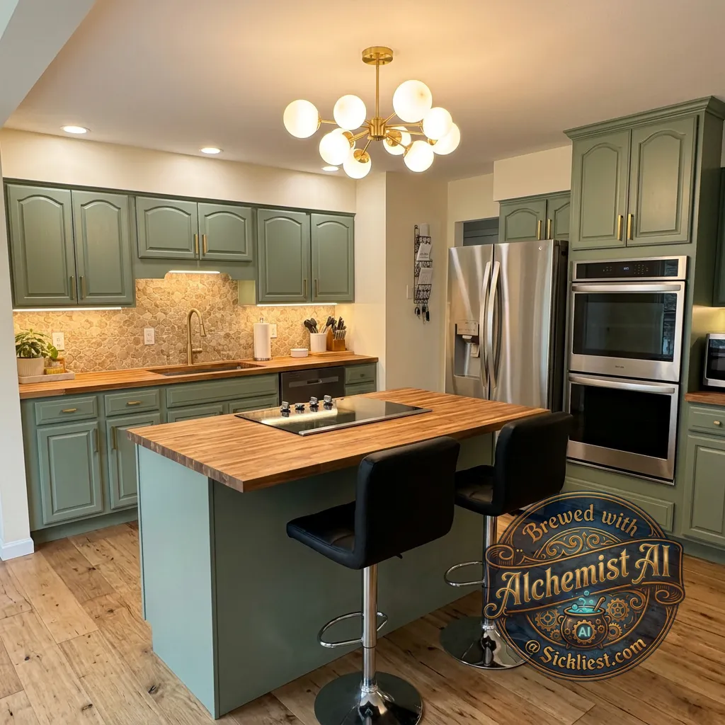 Help imagine an inexpensive kitchen renovation. Replace the existing Island in stool chairs with a much larger Island. Add a built-in stove top to the new Island. Replace the existing oven/stove and hood range with a double built-in wall oven. Change the cabinet color to sage green colored. Change the walls to cream color colored. Change the flooring to a warm light rustic wood floor. Change the countertops to butcher block. Add under cabinet lighting. At a tan/beige tile backsplash. Replace the ceiling light fixture with the more complimentary decorative piece or chandelier.