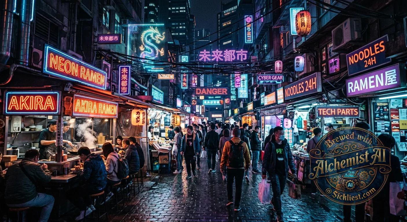 A neon-lit cyberpunk street market