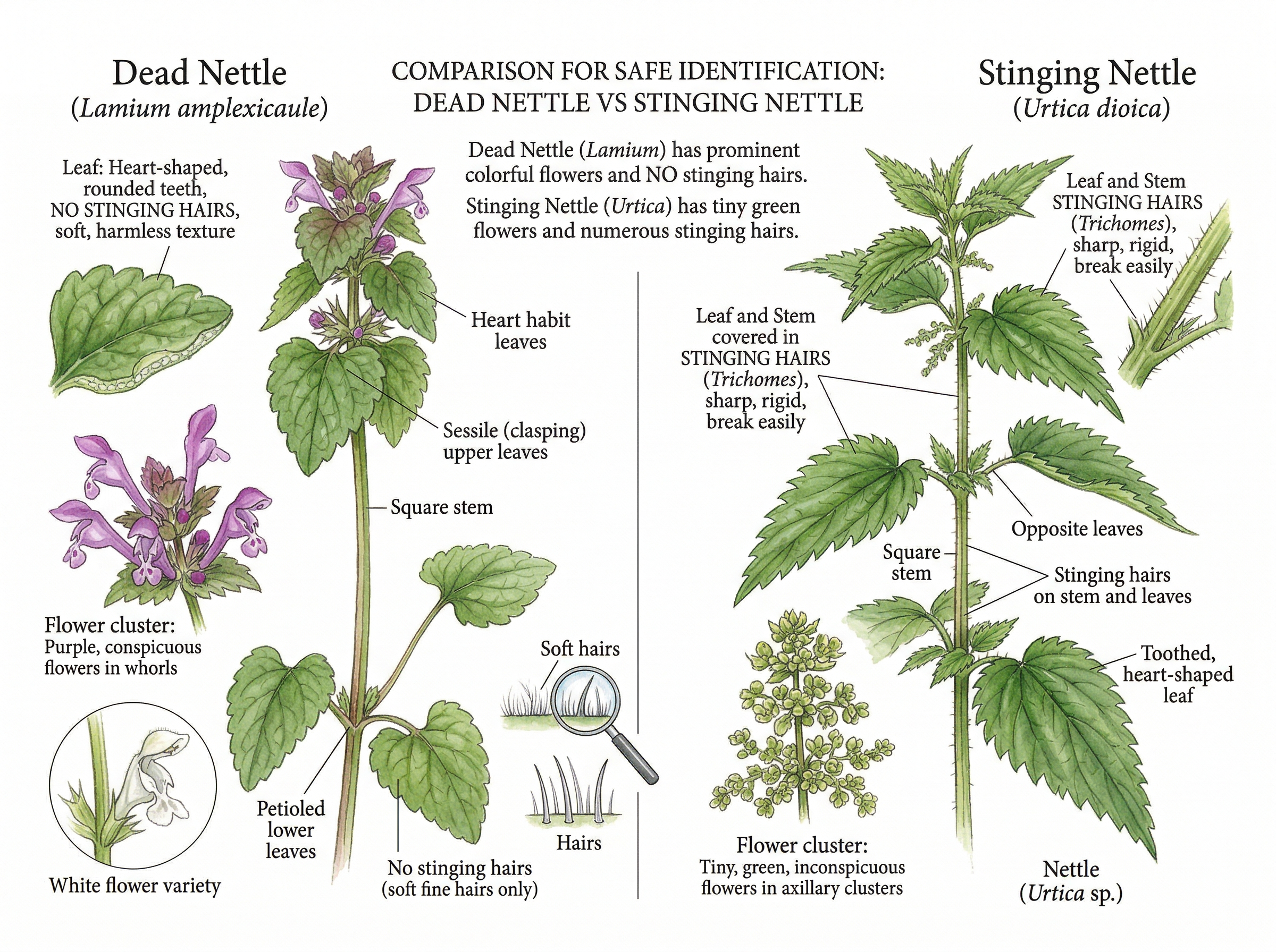 Comparison illustration showing Dead Nettle (Lamium amplexicaule) with similar heart-shaped toothed leaves but NO stinging hairs, purple or white flowers (vs Nettle's tiny green flowers), showing key difference for safe identification, botanical illustration with labels, watercolor on white background