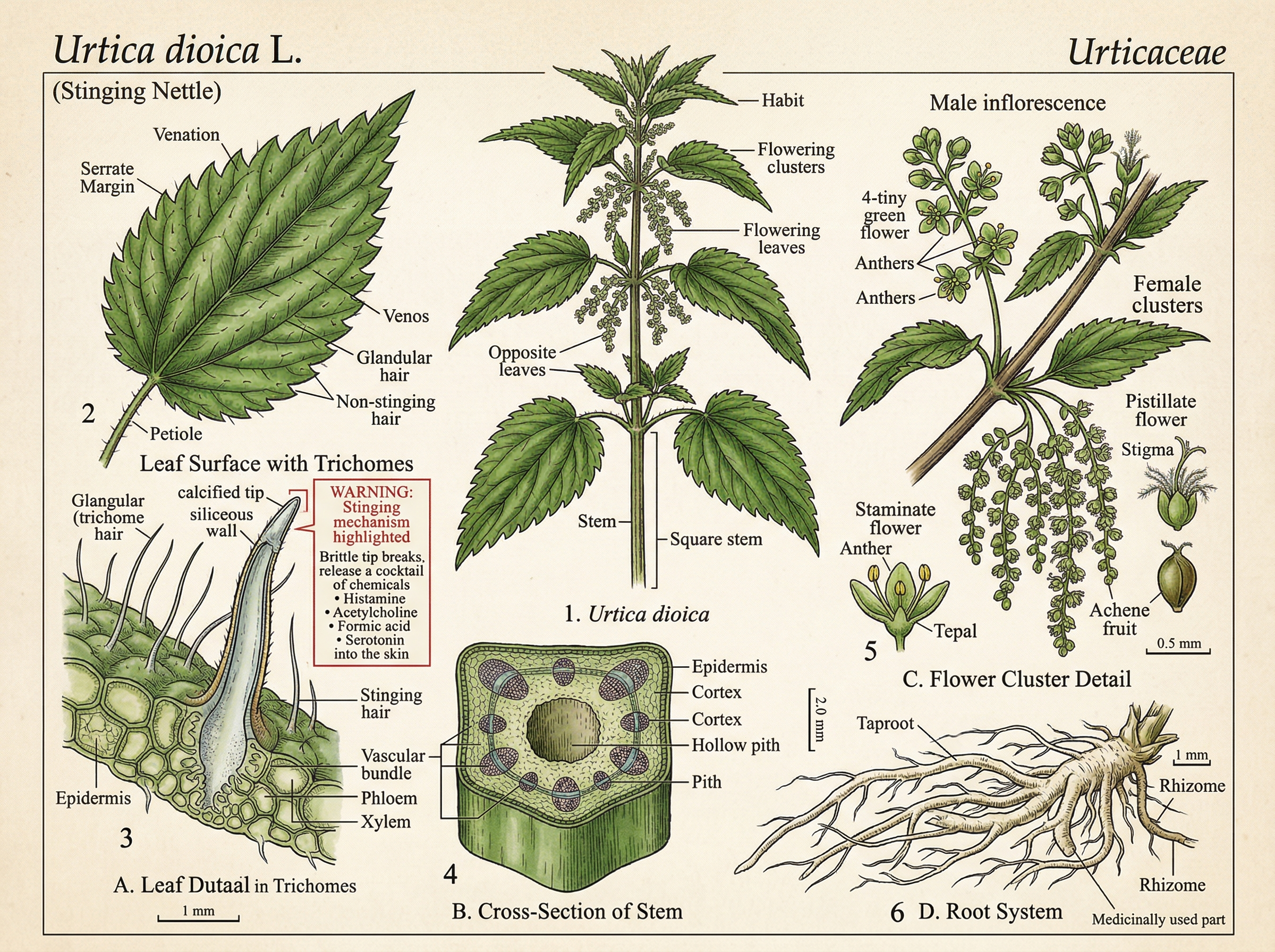 Scientific botanical diagram of Urtica dioica showing: detailed leaf showing serrated margins and stinging hair locations (trichomes), cross-section of square stem showing hollow interior, flower cluster detail showing tiny green flowers (male catkins or female clusters), root system showing thick white taproot (medicinal part), labeled callouts, technical botanical style, WARNING about sting mechanism highlighted
