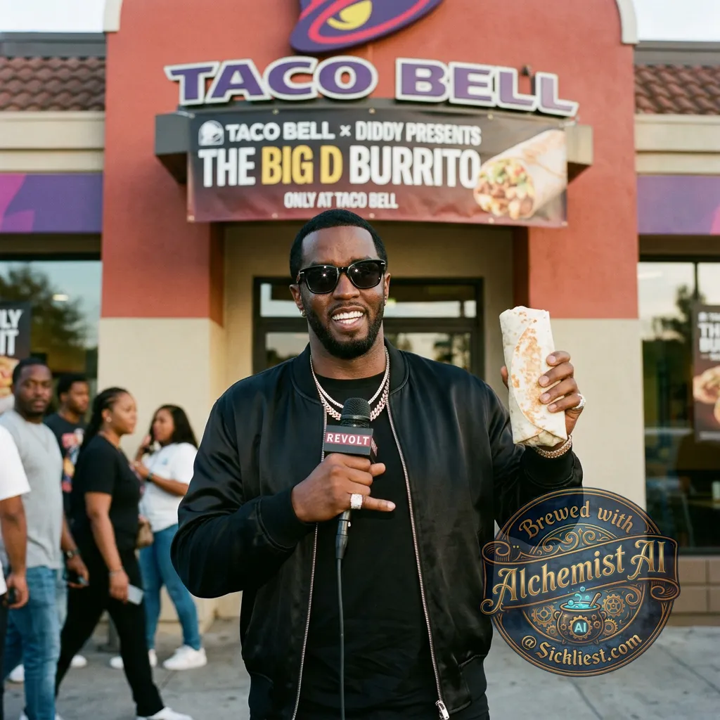 Taco bell with diddy sponsoring taco bell wit ha burrito in his hand