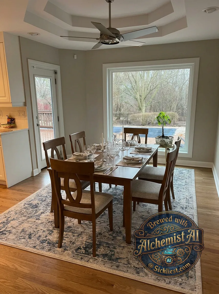 Put the dining room set from the last photo in the dining room from the first two photos.