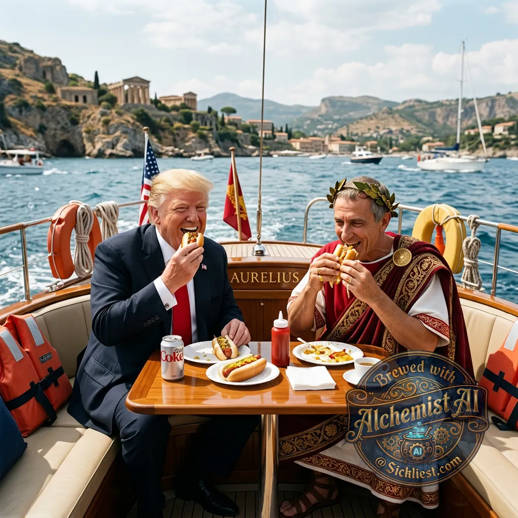 can you create an image of donald trump with juilus ceaser eating hot dogs on a boat