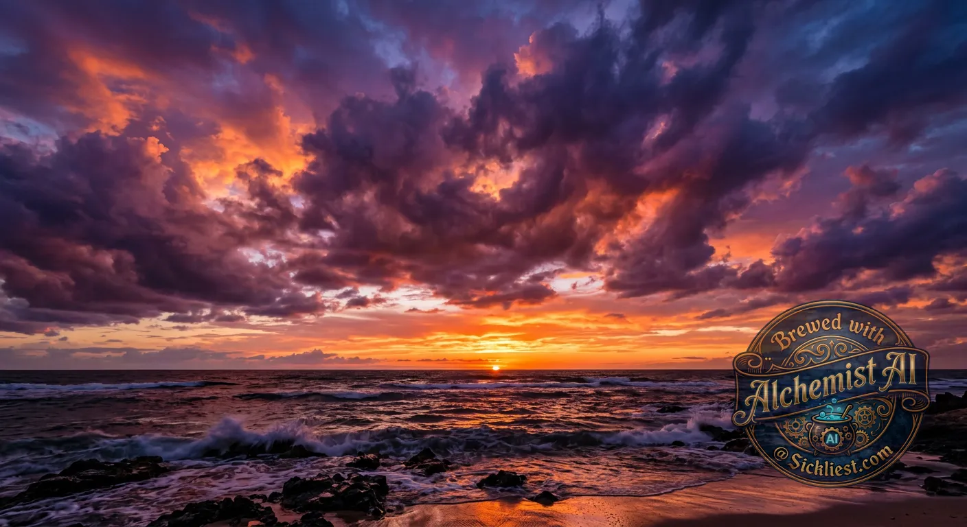 Sunset over the ocean with dramatic orange and purple clouds