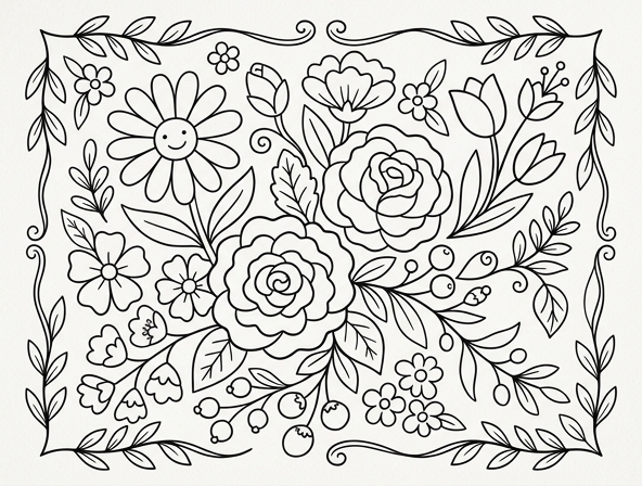 Floral coloring sheet for easy coloring.