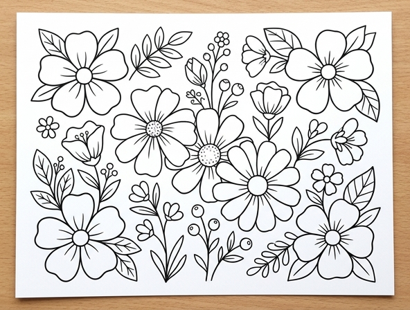 Floral coloring sheet for easy coloring.