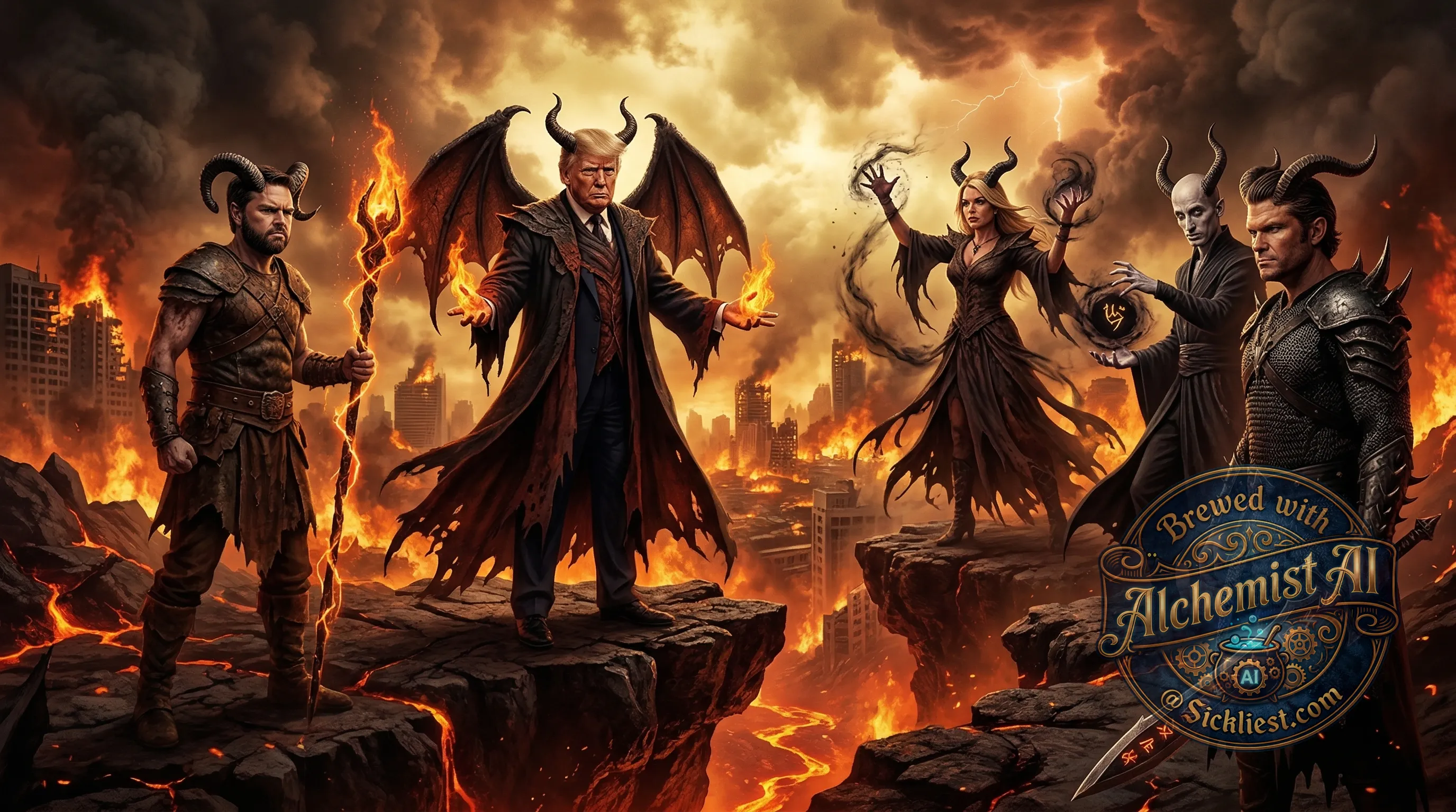 An image of Trump, Vance, Hegseth, Bondi, and Stephen Miller as demons bringing about the apocalypse. Fire and brimstone theme.