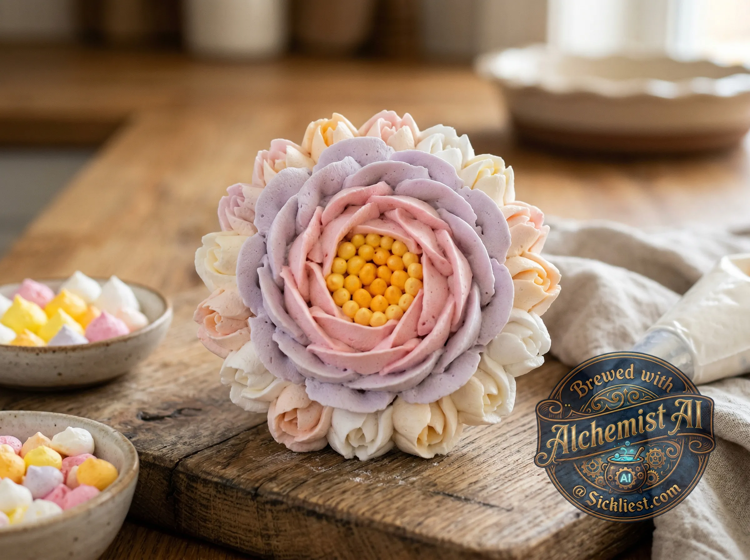 can you create me a image of a flower made out of pipped marshmellow