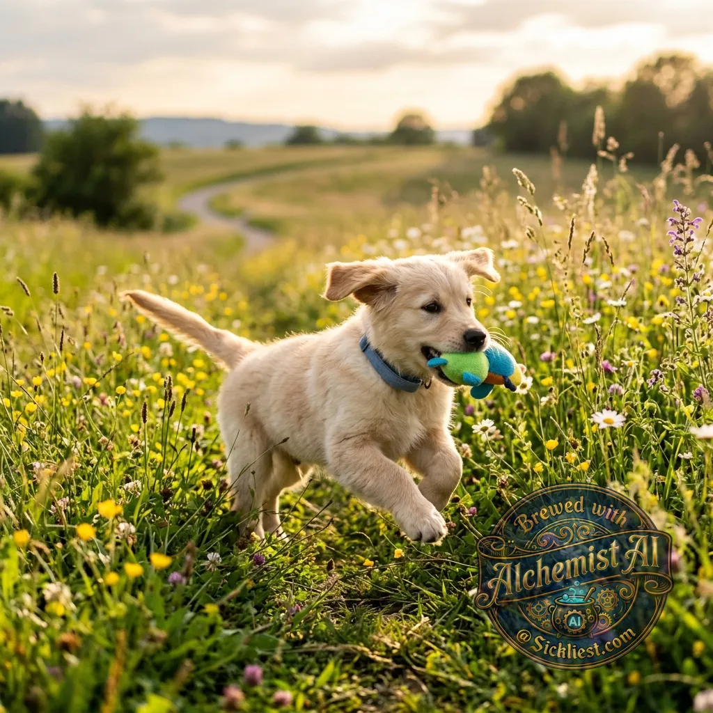 Golden retriever puppy playing in a sunlit meadow