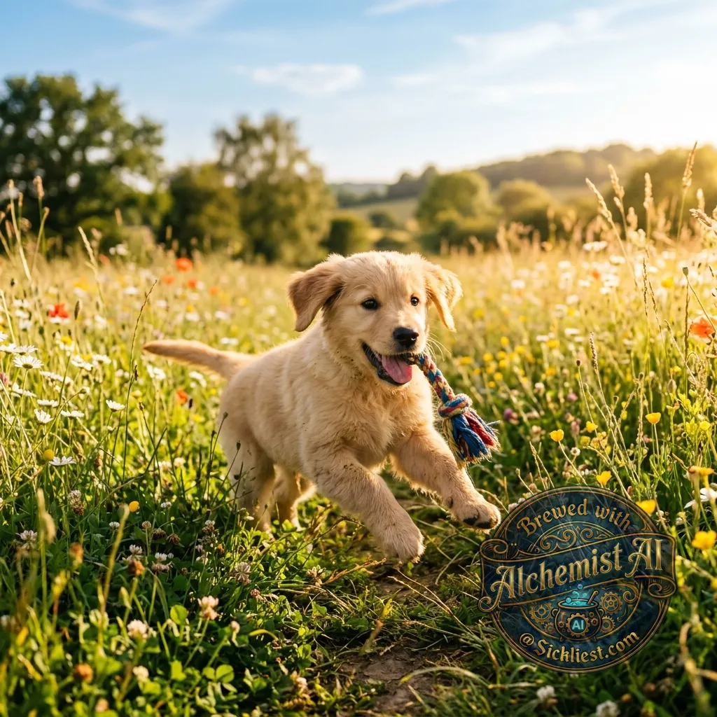 Golden retriever puppy playing in a sunlit meadow