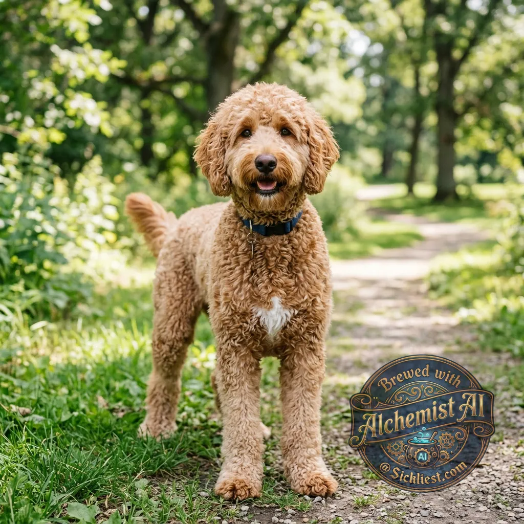 a golden doodle with more poodle than golden retriever. light brown with a white small patch in the center of his chest