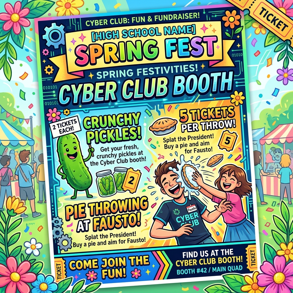 make a flyer for my high schools spring fest for the cyber club booth that will sell pickles for 2 tickets and will be pie throwing at fausto for 5 tickets