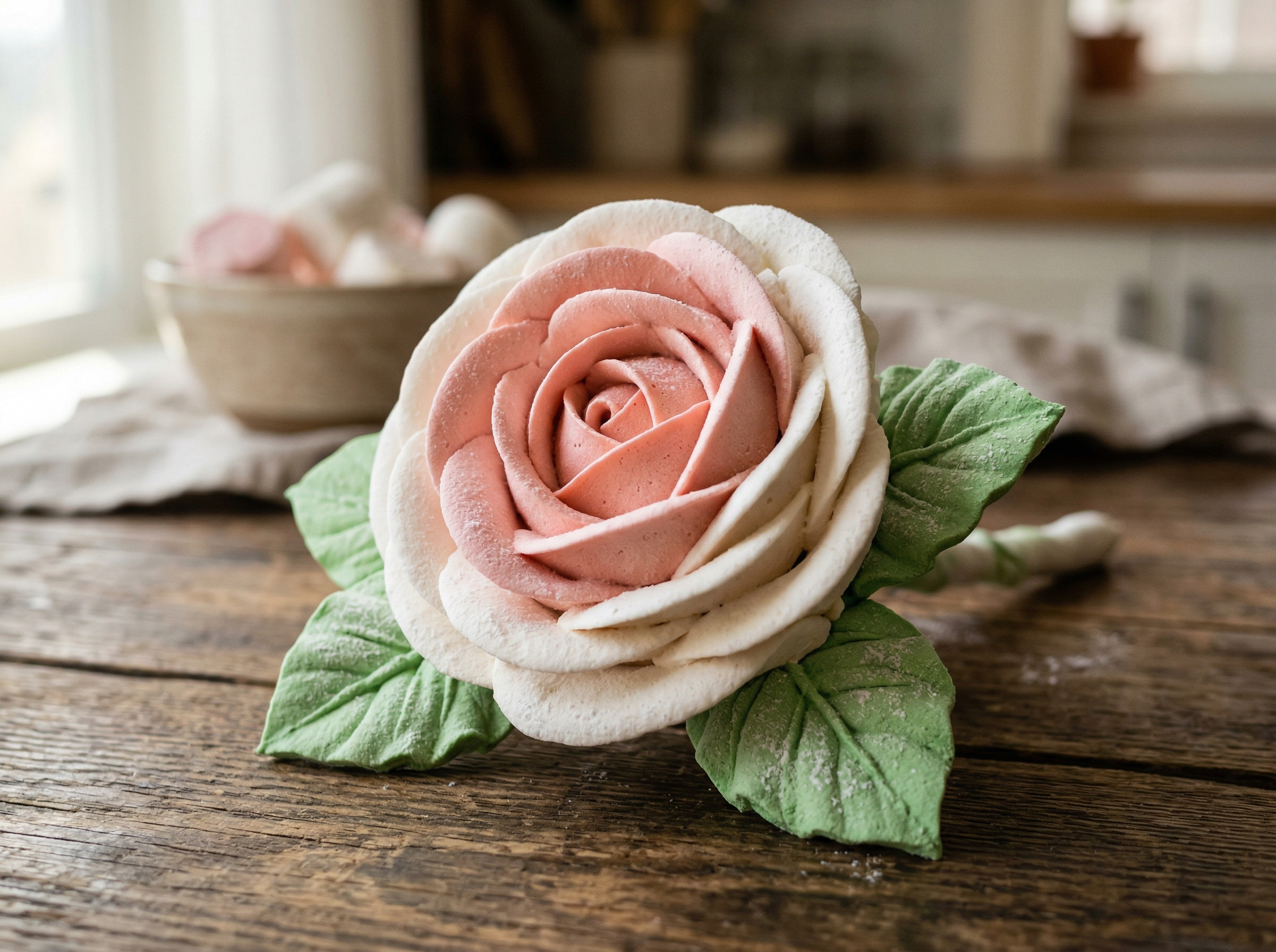 can you make me an image of a rose made out of marshmellow. make it two toned and with green leaves.