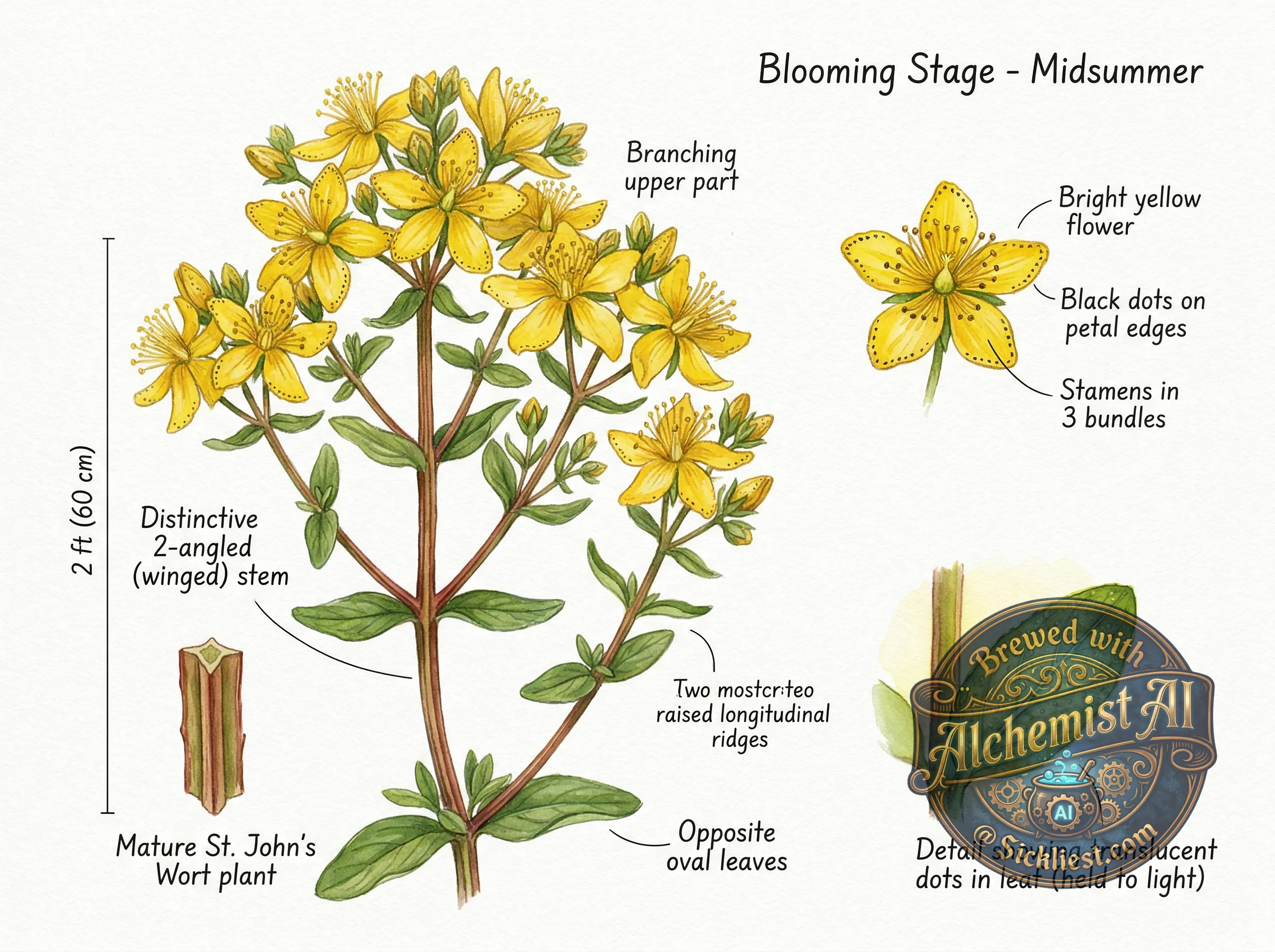 Mature St. John's Wort plant 1-3 feet tall showing erect stems with distinctive 2-angled (winged) stems, opposite oval leaves with TRANSLUCENT DOTS (visible when held to light), bright yellow flowers with 5 petals showing black dots on edges, numerous stamens in 3 bundles, branching above, botanical illustration style, watercolor on white background, label: "Blooming Stage - Midsummer"