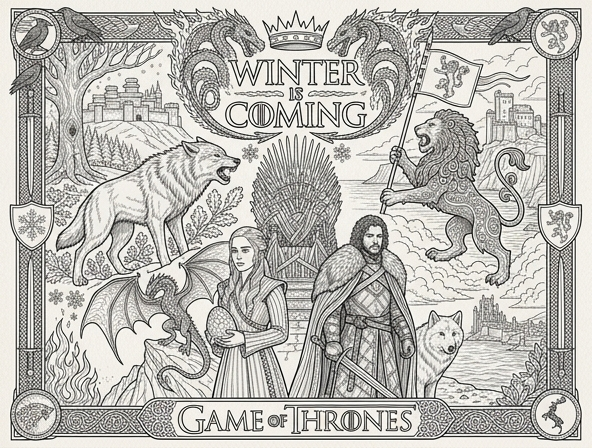 Game of thrones inspired coloring sheet.  (Art for coloring)