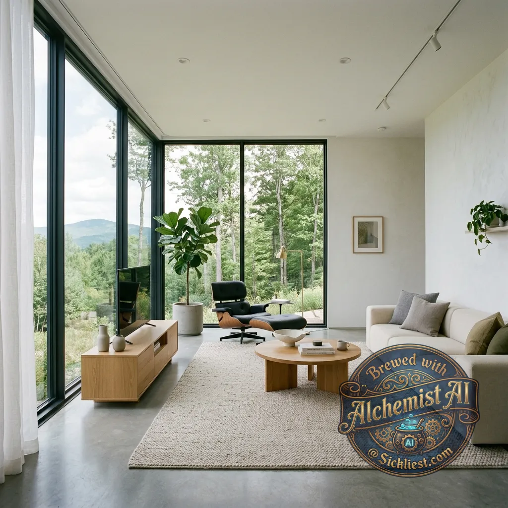 Modern minimalist living room with floor-to-ceiling windows