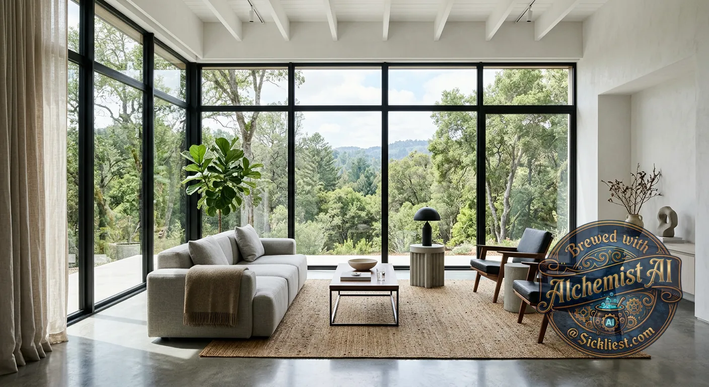 Modern minimalist living room with floor-to-ceiling windows