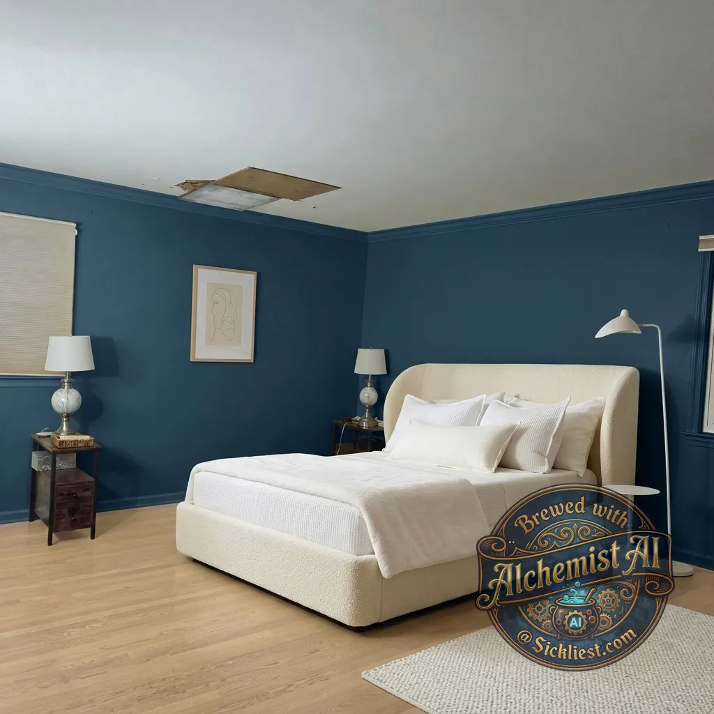 First pic is currently room with 2 windows.  Design in a moody blue with vanilla floor and featured bed