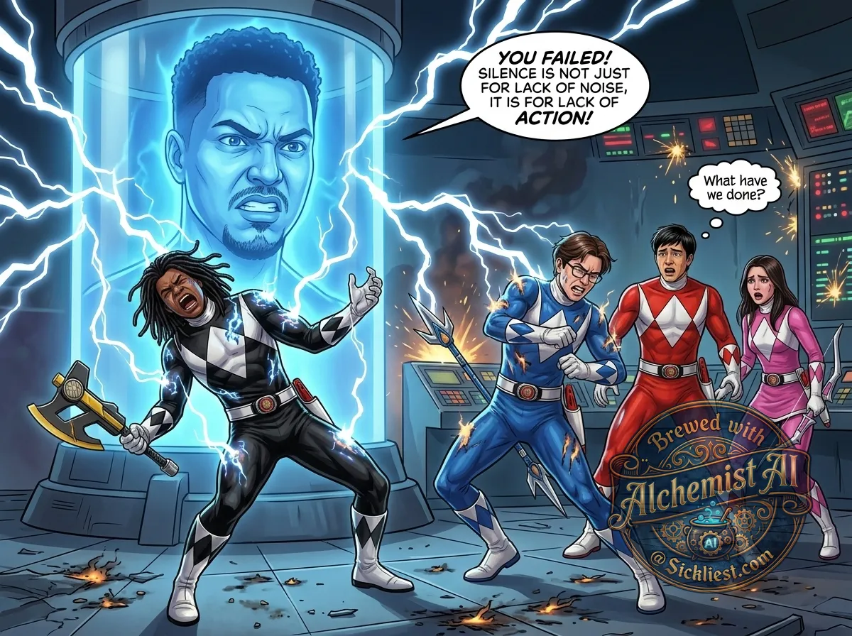 Ignore the context and text from the first photo. The Power Rangers stand before an angry Zordon (make man in second picture be Zordon), for failing to render aid to the other Power Ranger make sure everybody's face is remains seen. Zordon zaps the Black and the Blue rangers with electricity causing them severe pain and burns. Use the same Rangers, and their faces from the first photo.