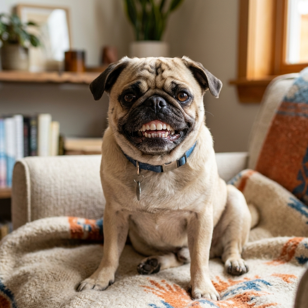 give me an image of a pug with human teeth