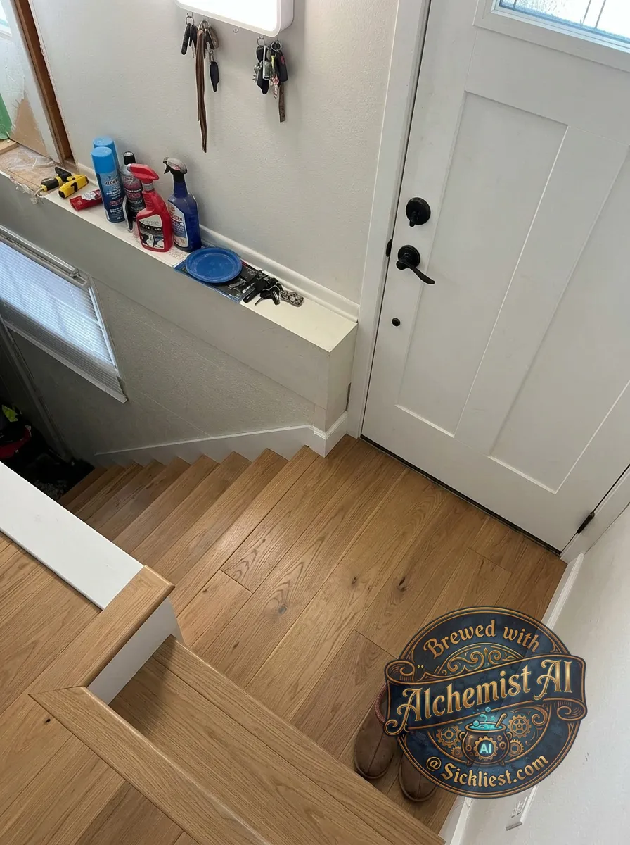 Reimagine this entry way. The stairs must stay in place, but the flooring can be changed from carpet.