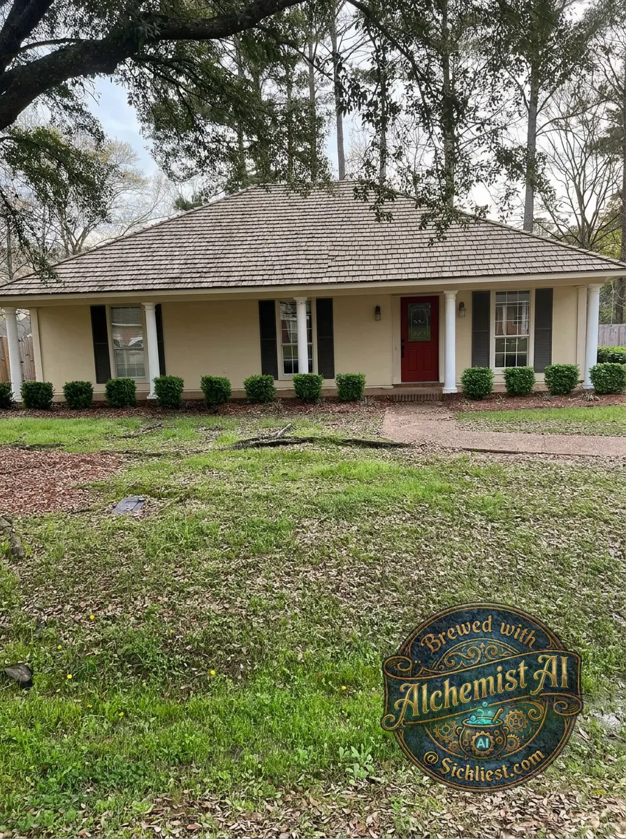 Replace the roof with a weathered wood color; a taupe/tan/brown. Give the house a nice warm beige exterior paint color.