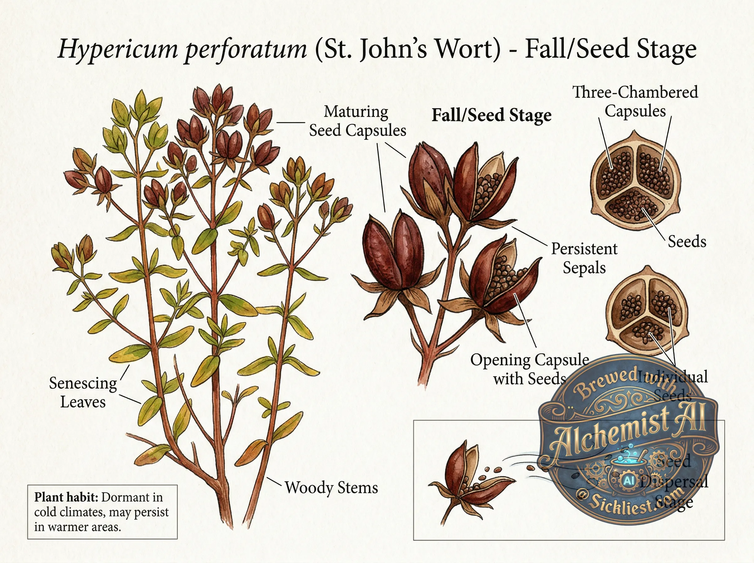 St. John's Wort in fall showing 3-chambered seed capsules forming, plant may go dormant or persist depending on climate, seed dispersal stage, botanical illustration style, watercolor on white background, label: "Fall/Seed Stage"