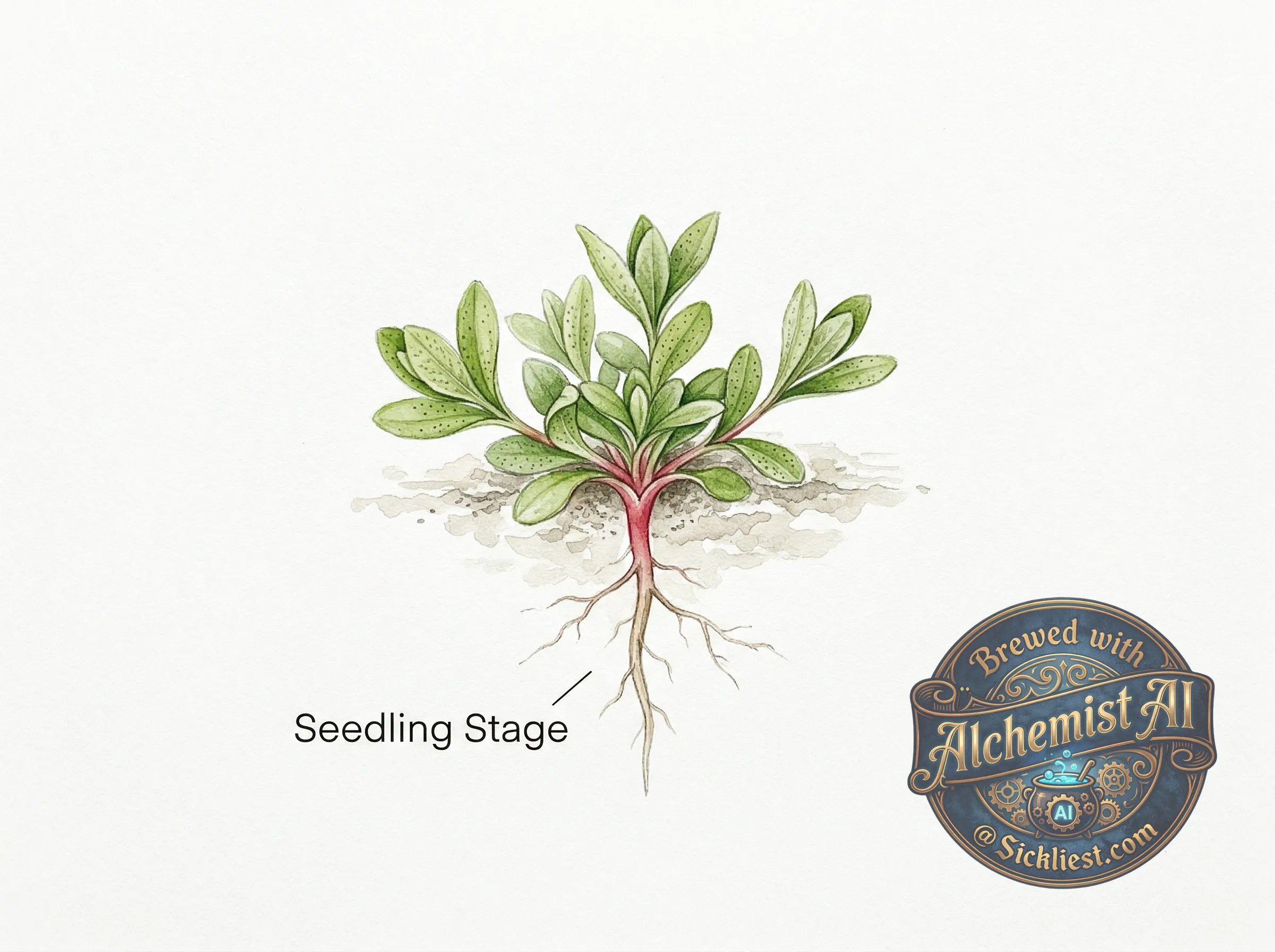 St. John's Wort seedling showing small ovate leaves, low rosette formation, reddish stems, botanical illustration style, watercolor on white background, label: "Seedling Stage"