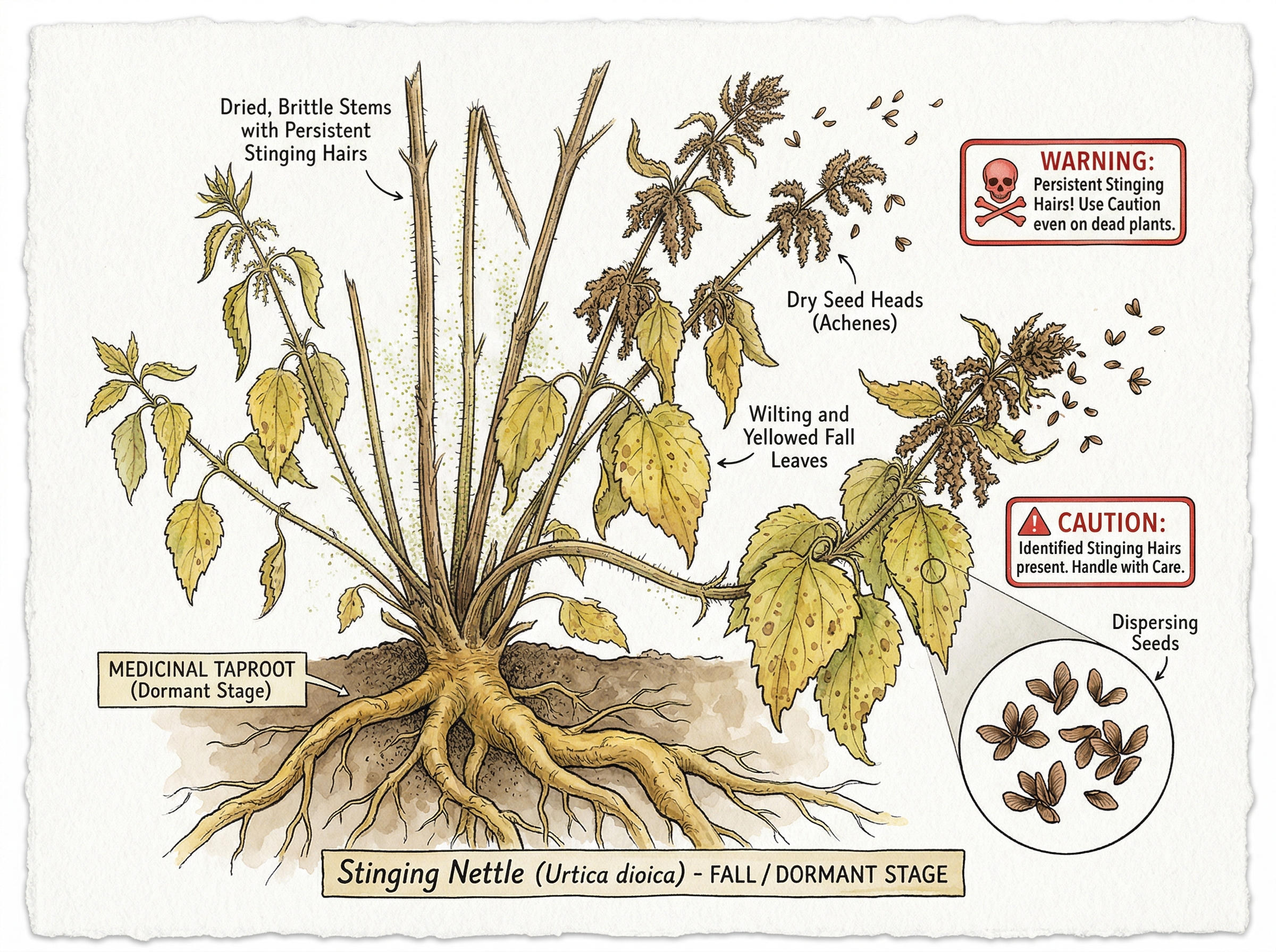 Stinging Nettle in fall showing dried brown stems and seed heads, leaves wilting and turning yellow, seeds dispersing, root system showing thick taproot (medicinal part), some stinging hairs still visible on dead stems, botanical illustration style with WARNING labels, watercolor on white background, label: "Fall/Dormant Stage"