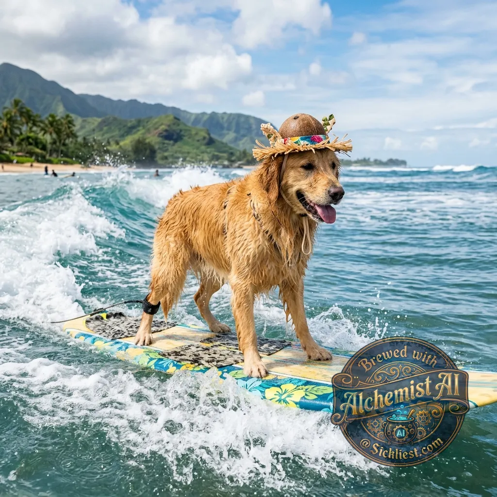 a dog with a coconut hat riding a surfboard