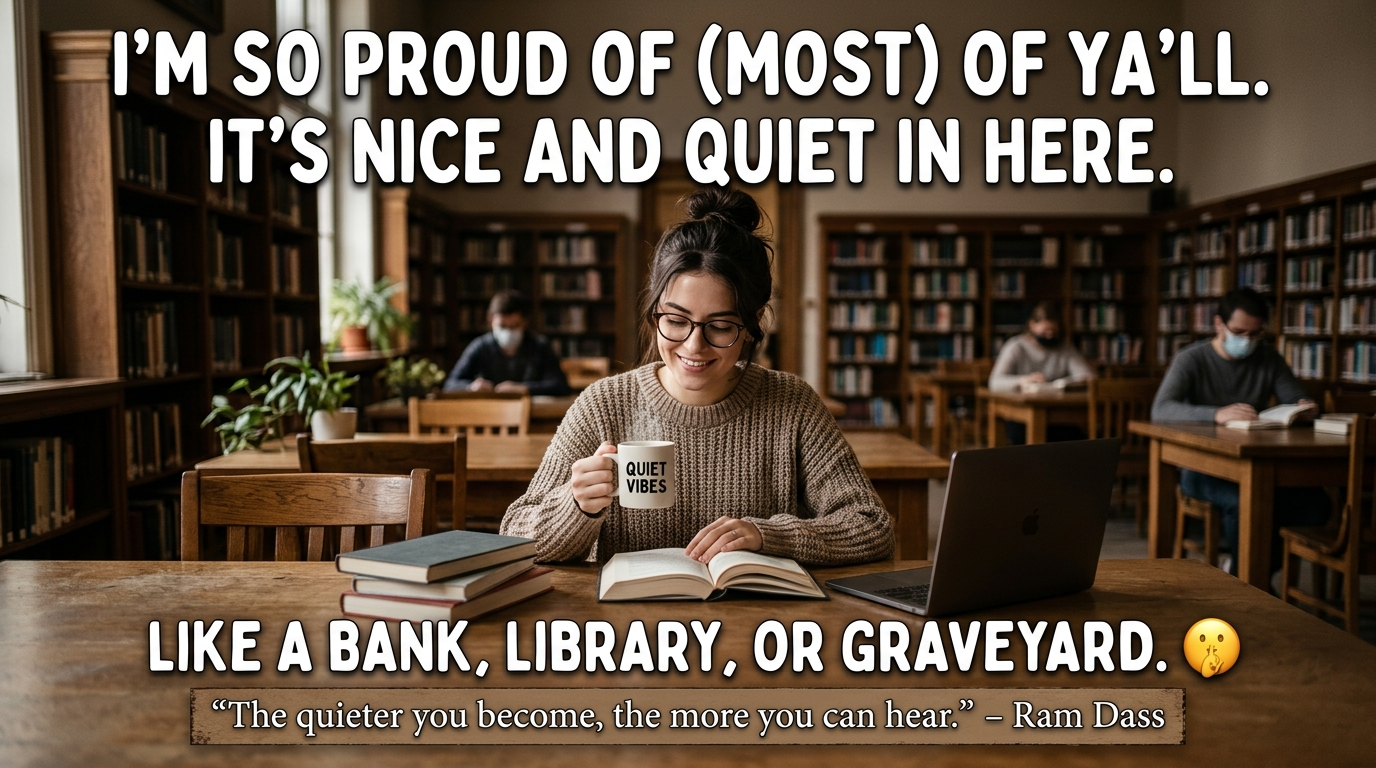 Create a funny meme that says I'm so proud of (most) of ya'll. It's nice and quiet.  Like a bank, library, or graveyard. Include a quote about silence or quiet or something from some prophet or proverb - Buda, Confucianism, or the Bible or something.