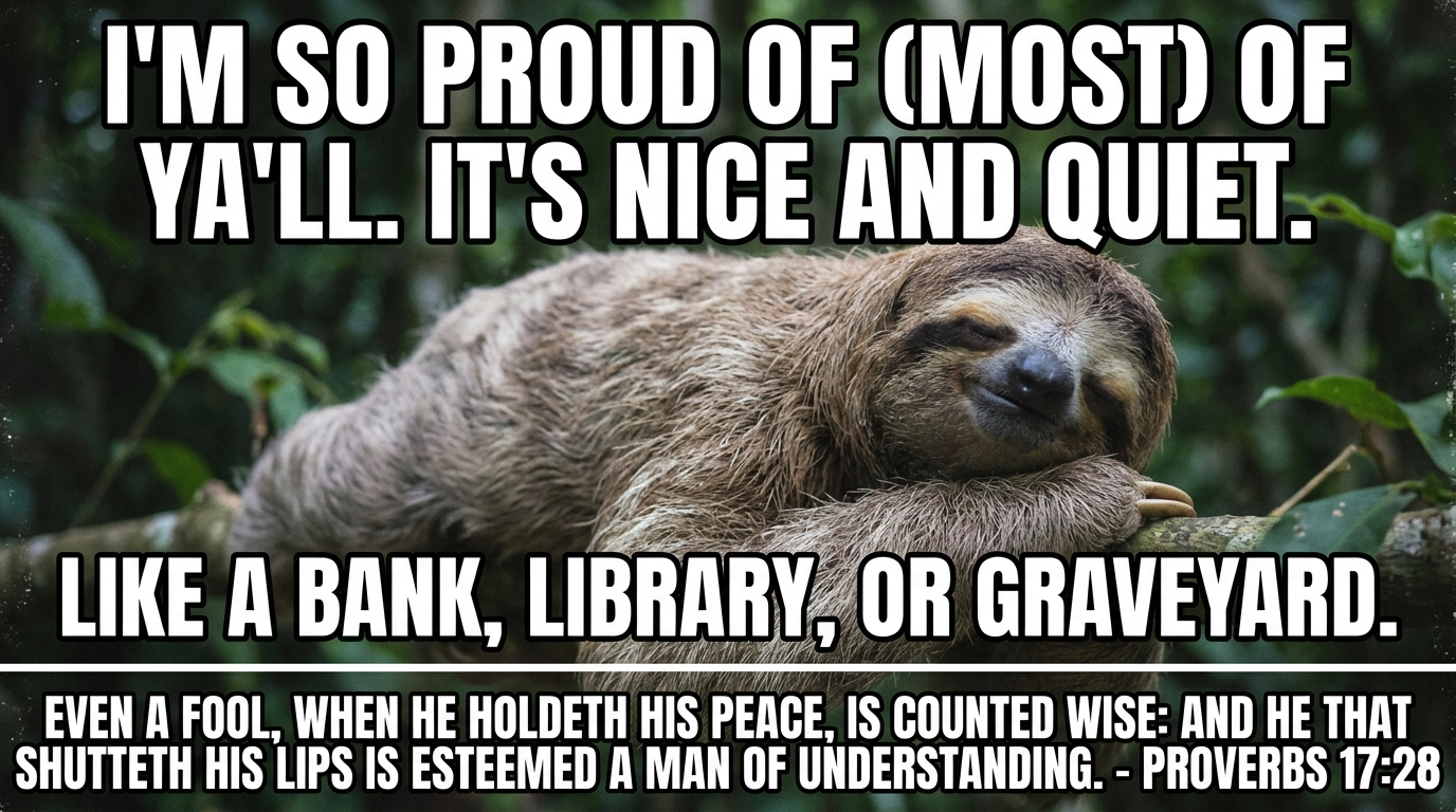 Create a funny meme that says I'm so proud of (most) of ya'll. It's nice and quiet.  Like a bank, library, or graveyard. Include a quote about silence or quiet or something from some prophet or proverb - Buda, Confucianism, or the Bible or something.