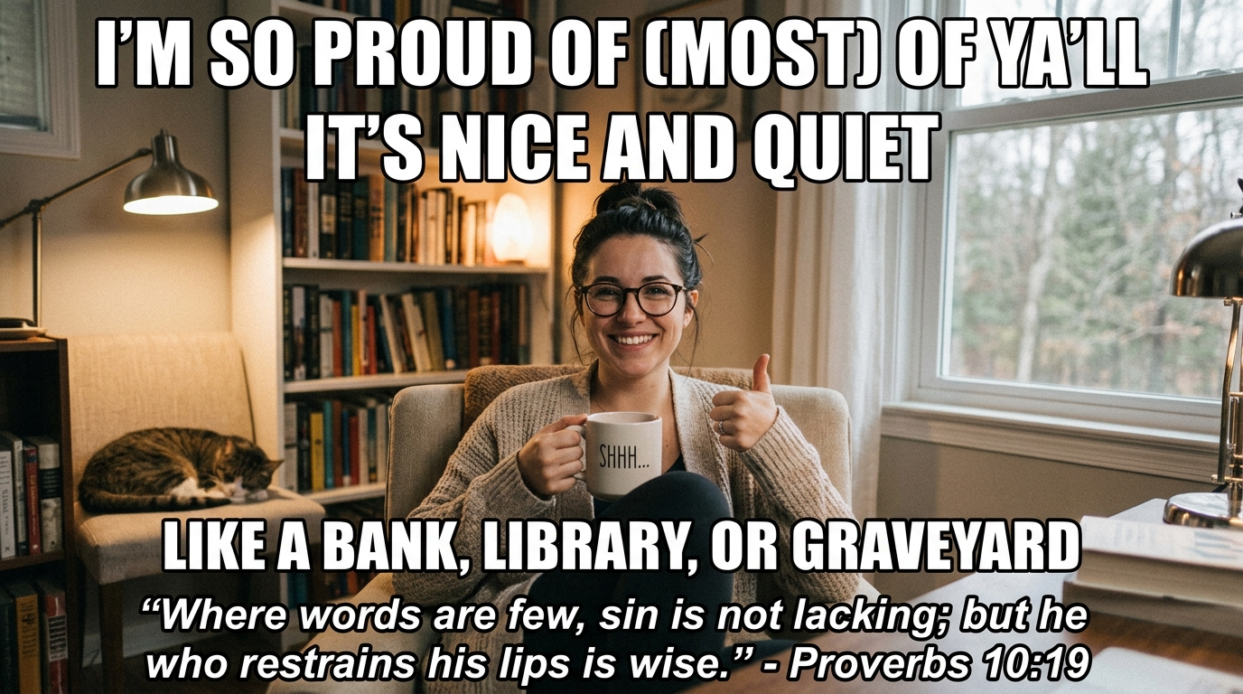 Create a funny meme that says I'm so proud of (most) of ya'll. It's nice and quiet.  Like a bank, library, or graveyard. Include a quote about silence or quiet or something from some prophet or proverb - Buda, Confucianism, or the Bible or something.
