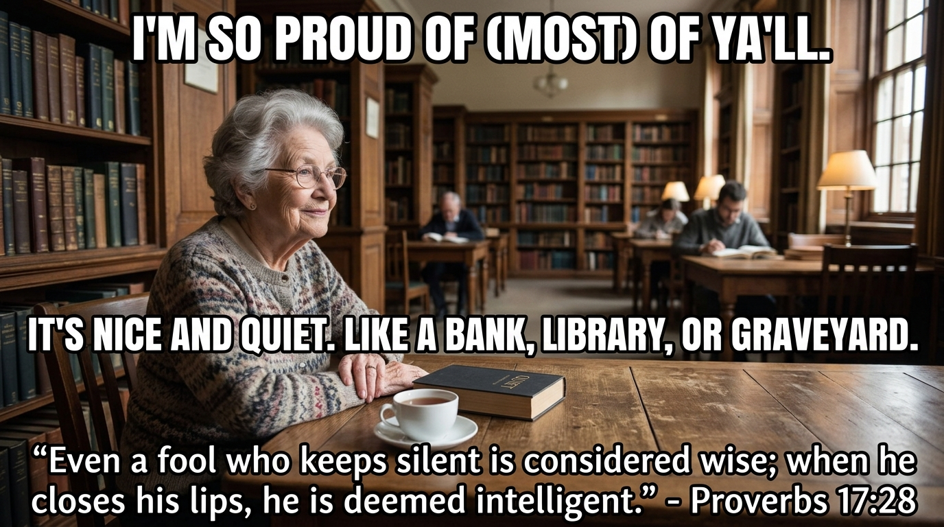 Create a funny meme that says I'm so proud of (most) of ya'll. It's nice and quiet.  Like a bank, library, or graveyard. Include a quote about silence or quiet or something from some prophet or proverb - Buda, Confucianism, or the Bible or something.