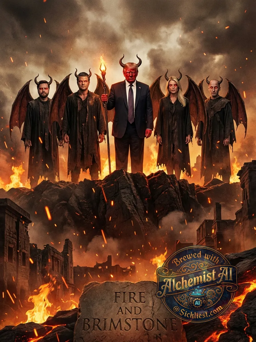 An image of Trump, Vance, Hegseth, Bondi, and Stephen Miller as demons bringing about the apocalypse. Fire and brimstone theme.