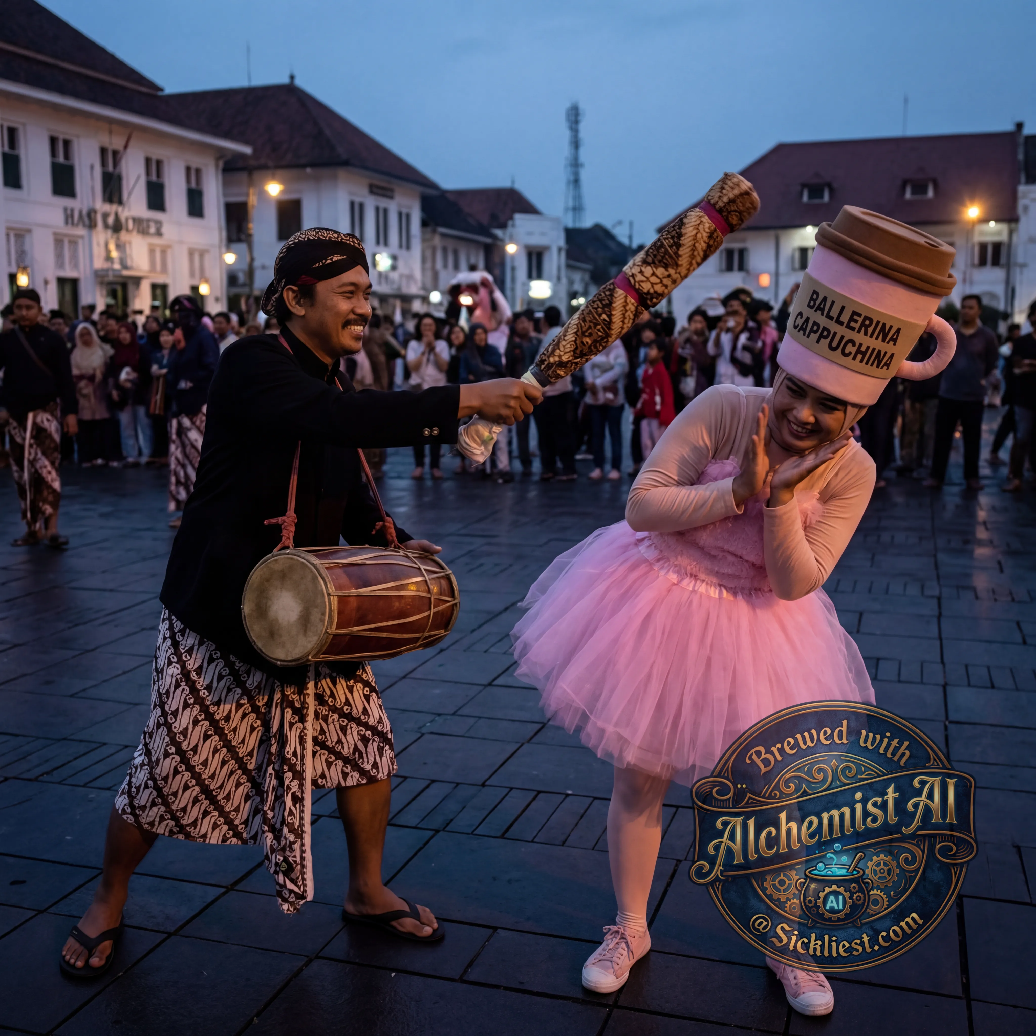 can you create a image of tung tung sahur beating up ballerina cappuchina with his bat